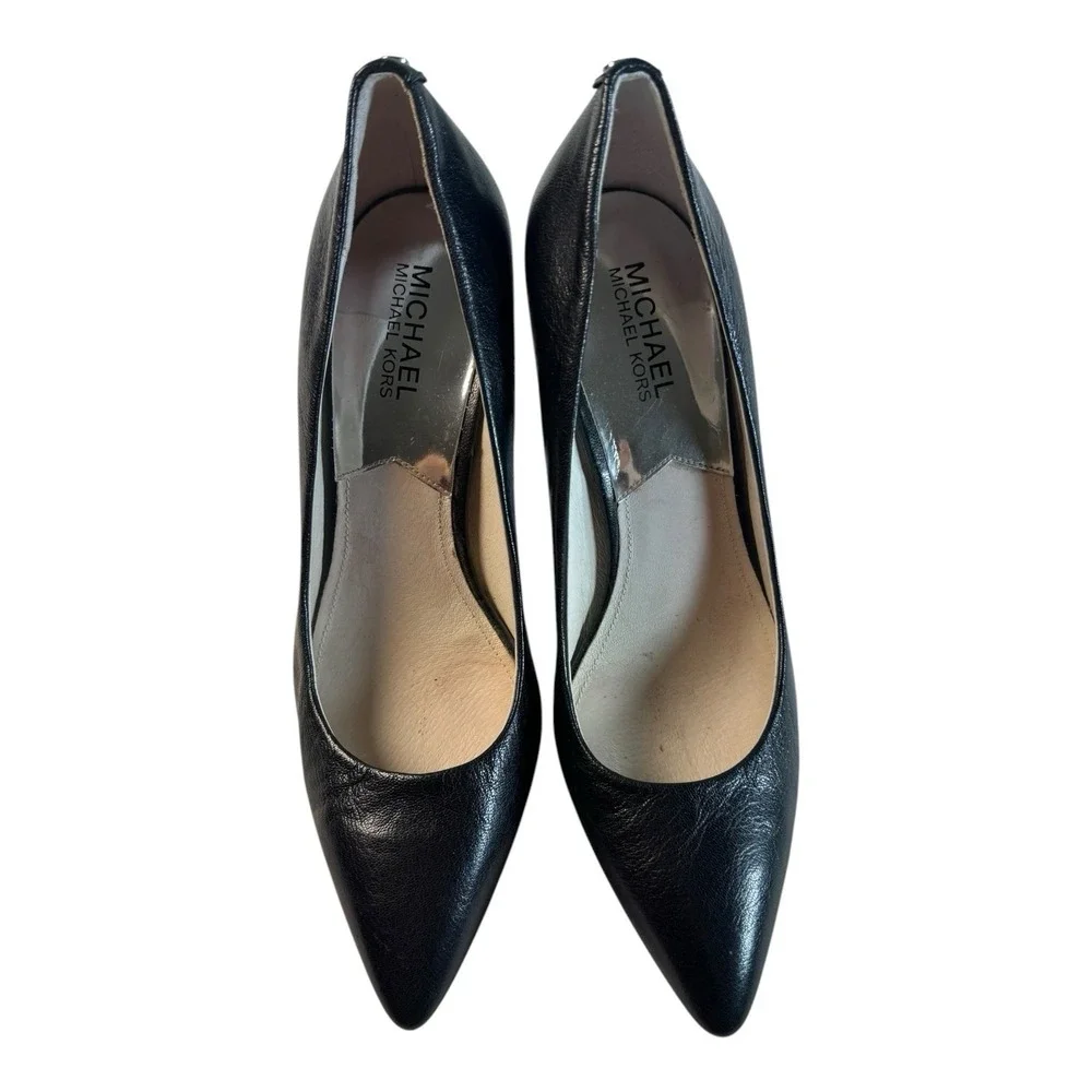 Michael Kors Black Leather Pointed Toe Pumps Silver Logo Heels AO13G Size 9M
